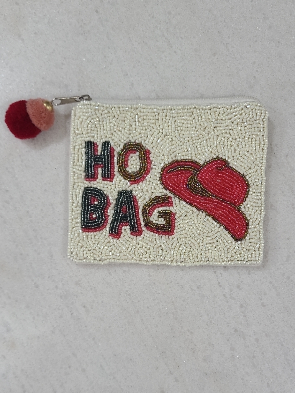 Beaded 'Ho Bag' Card & Key Pouch in Cream and Red